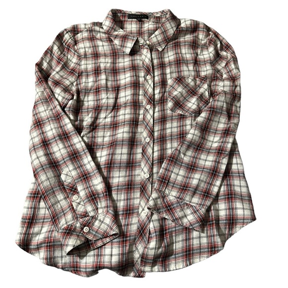 Sanctuary women's large white and orange plaid button down long sleeve shirt - Picture 1 of 5